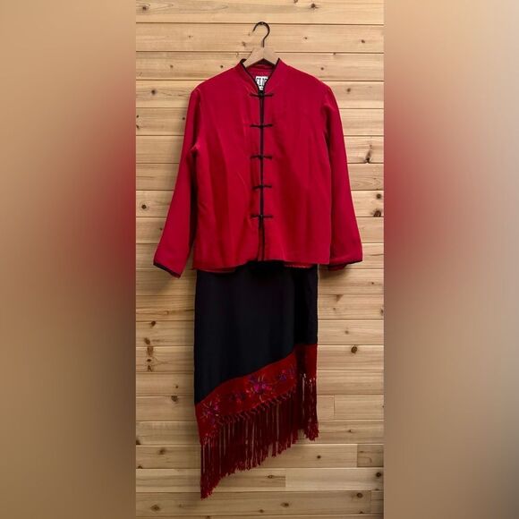 Vintage Y2K Clio Sz Large Red Black Silk Mandarin Asian Jacket Flapper Dress Set - Picture 1 of 15